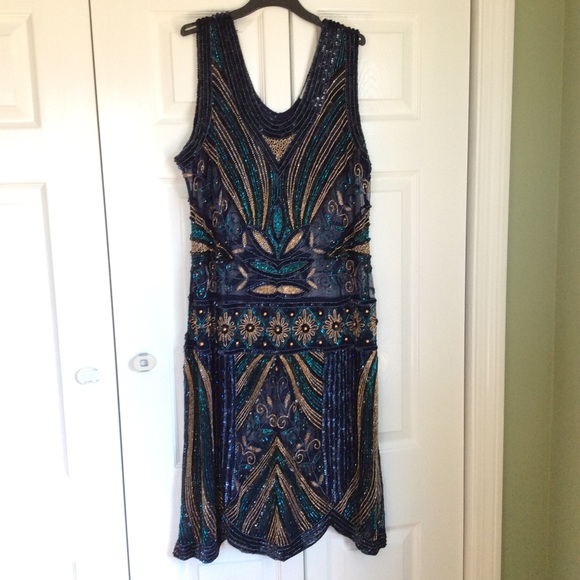 UNIQUE VINTAGE NWT peacock blue flapper dress 2x - Picture 8 of 9
